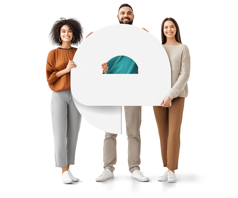 Three diverse people holding a circular object