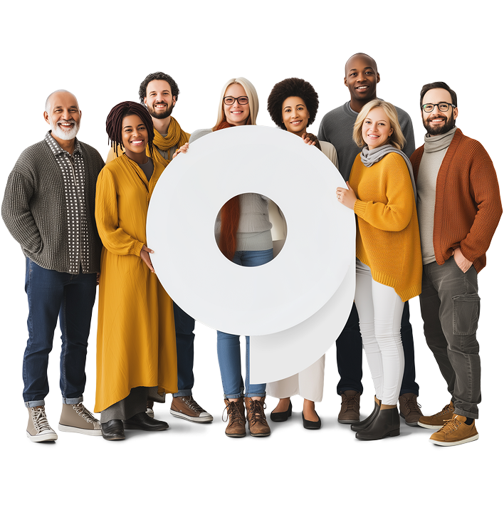 Diverse group of people holding a circular object